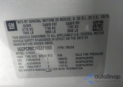 2015 Chevrolet Silverado 1500 2Lt из США, поврежденный, VIN 3GCPCREC1FG371668